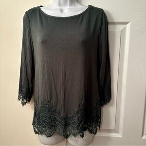 WHBM Women's Lace-Hem 3/4 Sleeve Top - Green/Gray